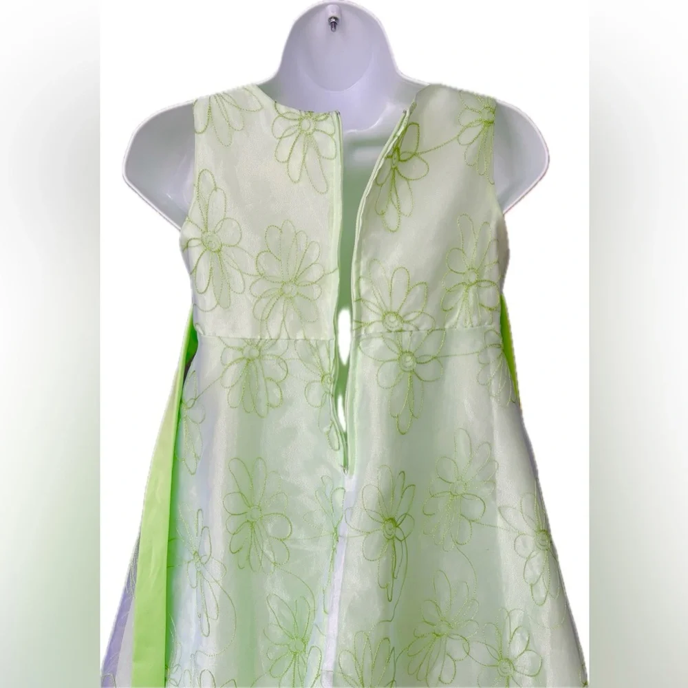 🐣Vintage Elegant Organza Green Floral Kids Dress - Size 10.5 🐣